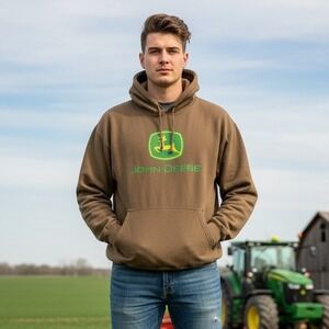 John Deere Hoodie Sweatshirt Mens Size XL Extra Large Brown Pullover Workwear